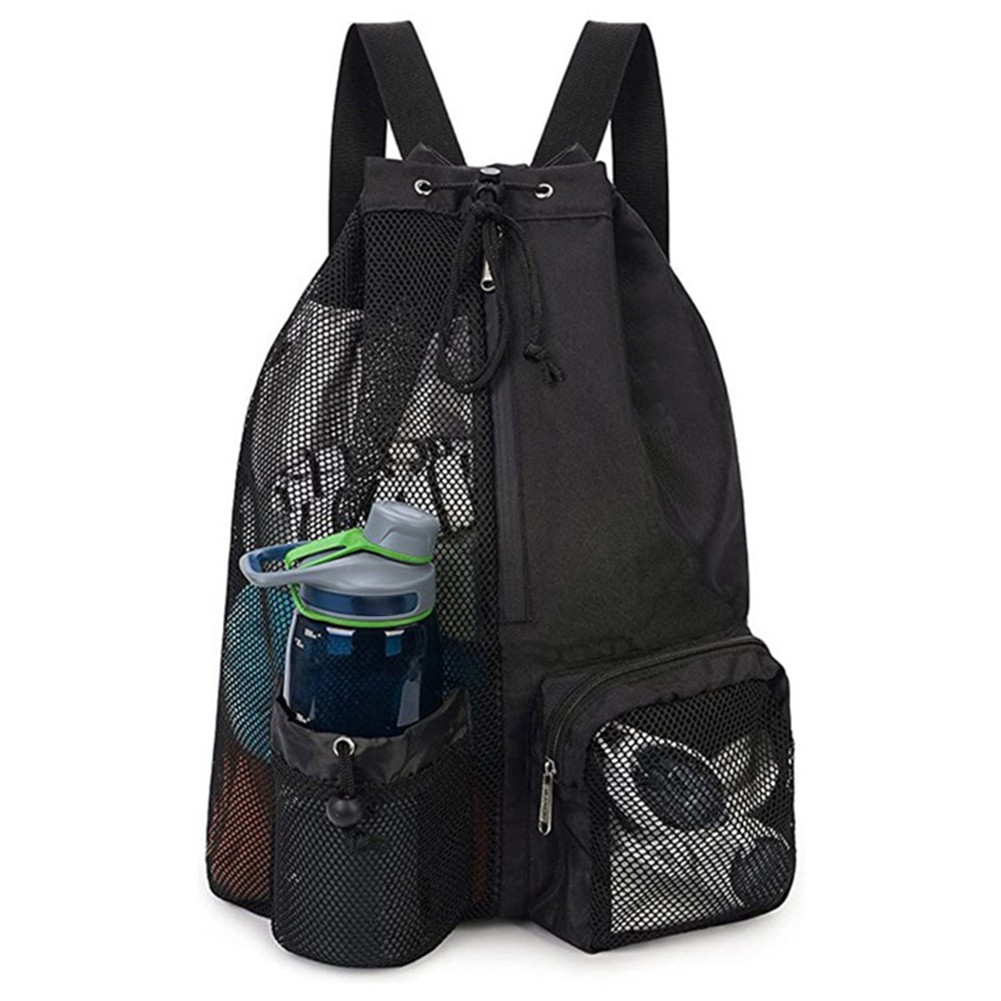 Mesh Drawstring Swimming Bag Beach Backpack with Wet Pocket for Fitness Workout Black